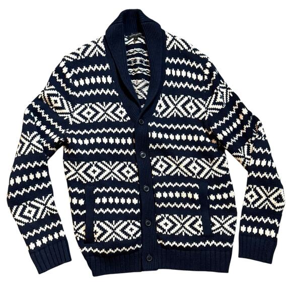 Banana Republic Factory Men's Fair Isle Navy Shawl Collar Cardigan Sweater - L - Picture 4 of 10